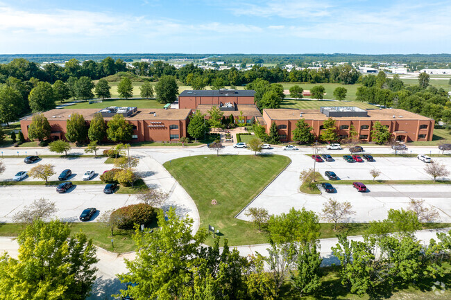 Sky shot of front of school and main parking lot in Barat Academy, Missouri.