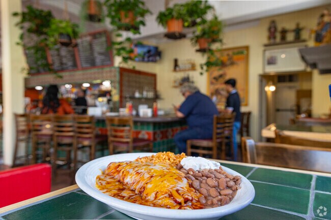 A chicken burrito smothered in red chile at The Burrito Co near Monte Sereno.