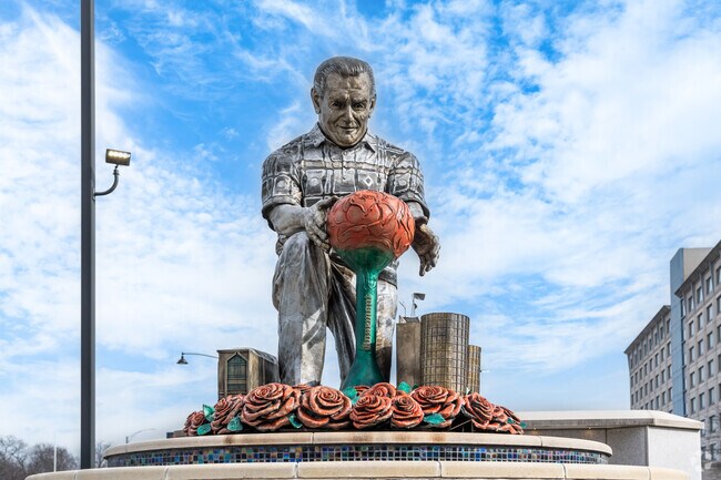 Statues commemorating Rosemont's first mayor Donald E Stevens welcome you to the village.