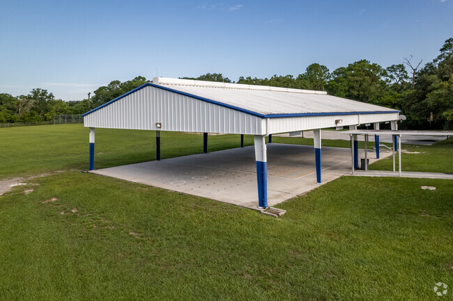 The pavilion at Idyllwilde Elementary School is used for class sessions, recess, and gym.