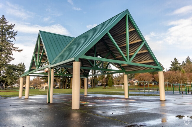 A covered blacktop area offers shade and a dry place to play at Harney Elementary School.