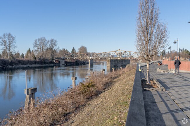 A Floodwall protects the Skagit Riverwalk path in Mount Vernon during heavy rains.
