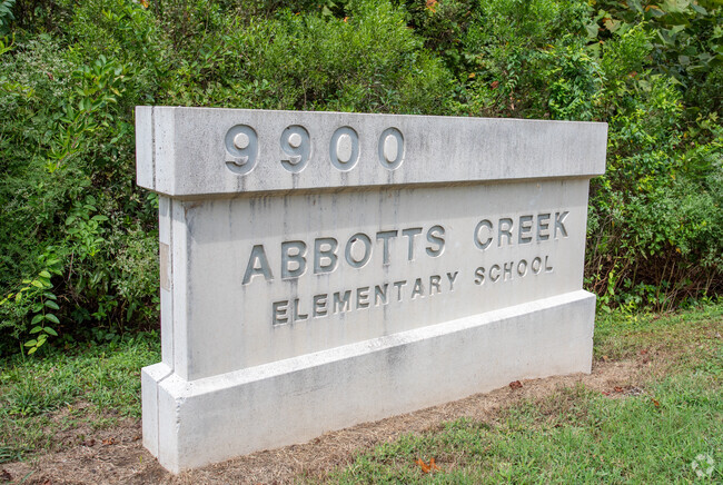 View of the welcome sign at Abbott's Creek Elementary School in Falls Lake, Raleigh, NC.