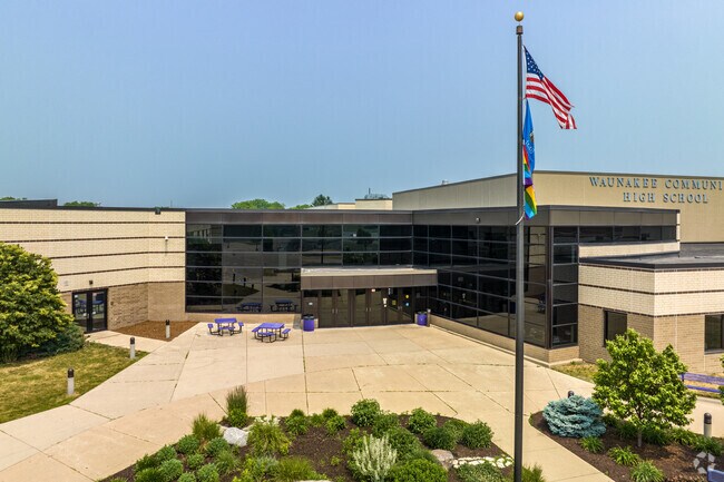 The main entrance for Waunakee High School.