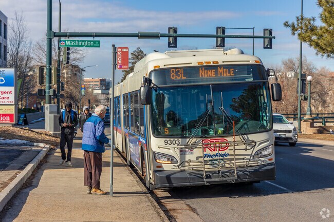 Public transit via RTD buses runs along Speer Boulevard for convenient city travel.