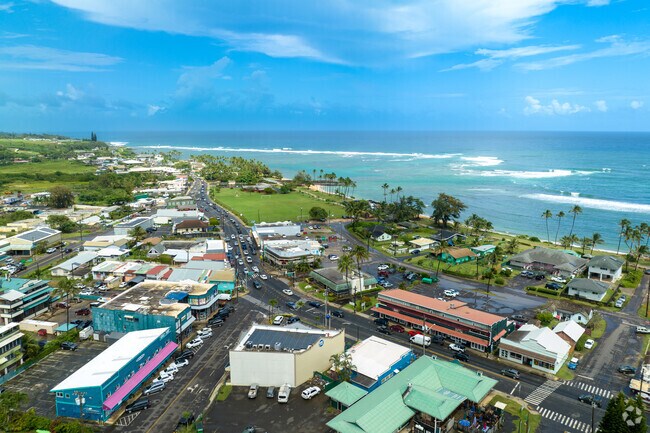 Downtown Kapaa is adjacent to Kapaa Beach's shoreline.