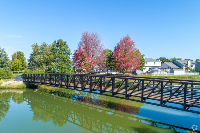 A beautiful stream is crossed by a bridge to red trees in Lily Cache.