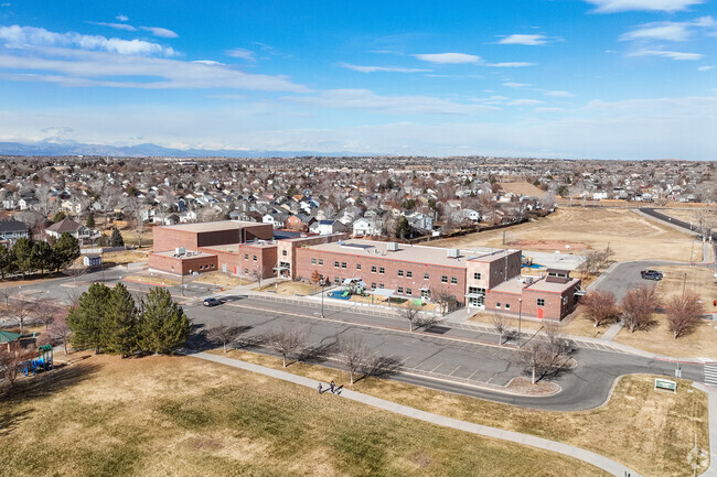 An overview of the front parking and campus at Arapahoe Ridge Elementary School in Westminster.