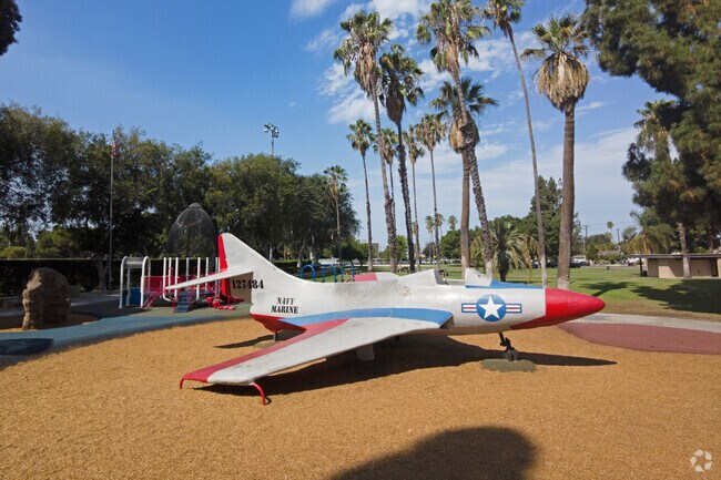 Children can pretend to be pilots on the playground at Boysen Park.