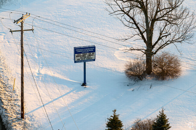 Oswego Community Christian School in Oswego's main sign gives details on classes.