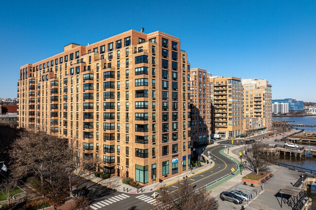 The waterfront in Hoboken features modern high-rises with stunning views of Manhattan.