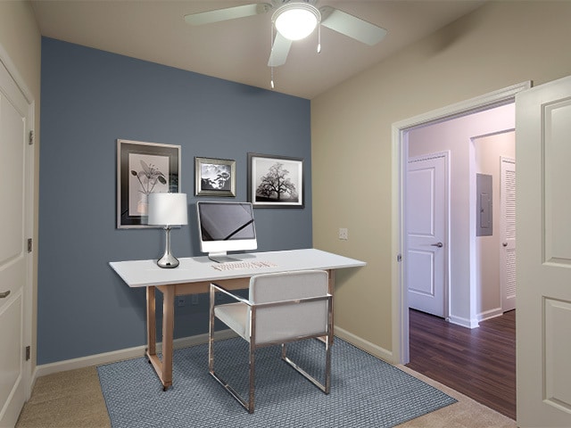 Carpeted workspace area with accent wall