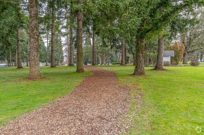 Wooded walking paths at Church Park in Sublimity, OR.