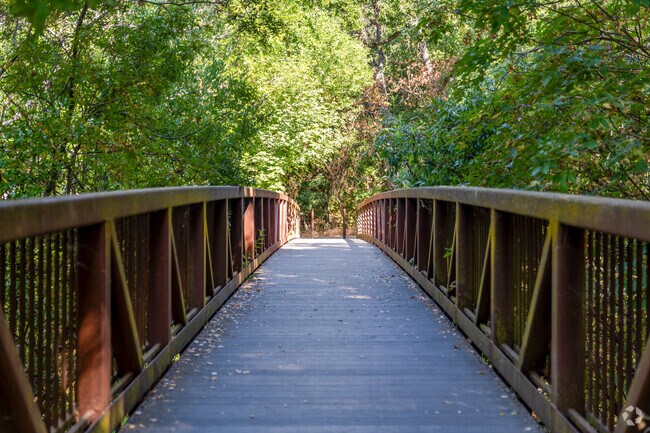 View of the walking bridge at Lafayette Community Park located in Burton Valley, Lafayette, CA.