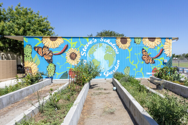 A colorful mural and student garden at Tehipite Middle School in Fresno.
