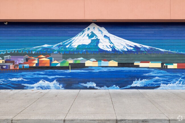 A mural on N Marine Dr in Bridgeton shows Mt. Hood towering over the neighborhood.