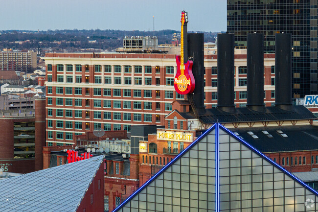Next to the Pier VI pavilion in the Inner Harbor is the Hard Rock Cafe, a popular destination.