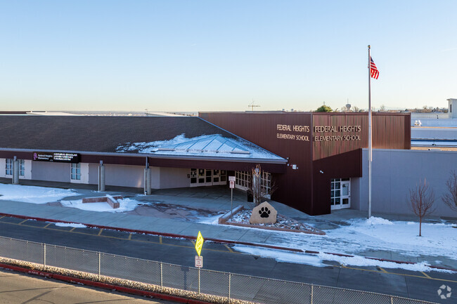 The front entrance and drop-off circle at Federal Heights Elementary School in Thornton, Colorad