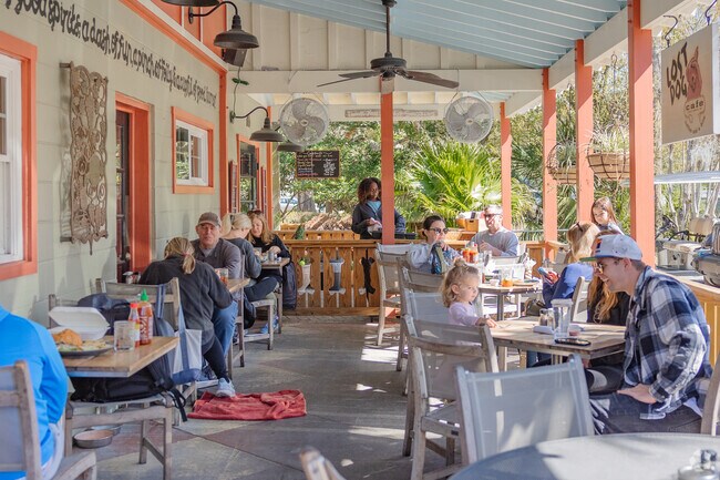 Lost Dog Cafe on Folly Beach is a popular restaurant with excellent food and outdoor seating.