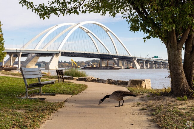 Riverfront Leach Park offers Downtown Bettendorf scenic vistas of the Mississippi River Bridge.