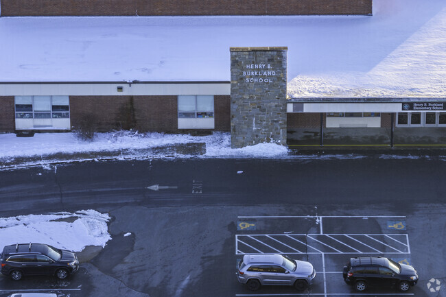 The main entrance to Henry B. Burkland Intermediate School in Middleboro, MA.