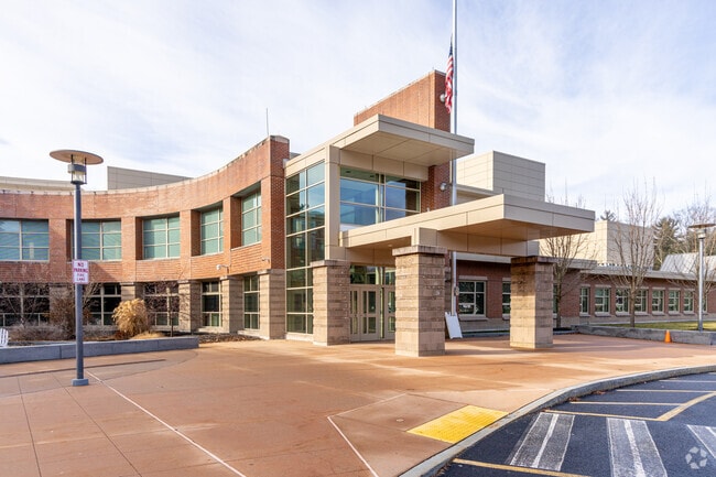 The main arrival area of the Tewksbury Memorial High School in Tewksbury, MA.