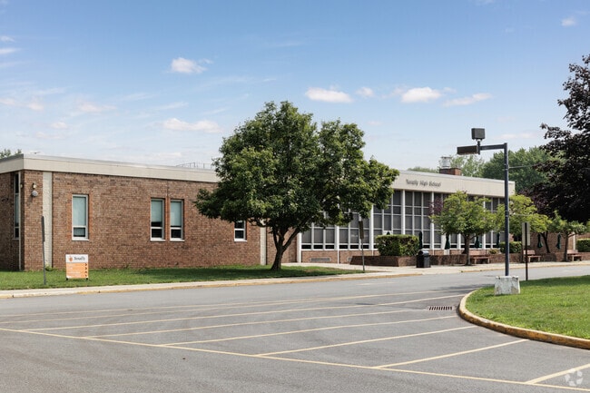 The circular entrance drive for Tenafly High School in Tenafly, NJ.