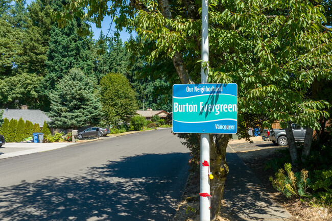 A sign welcomes residents to Burton Evergreen on NE 149th Ave.