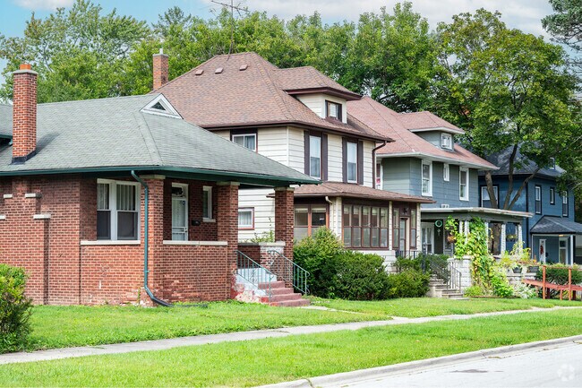 American Foursquare and bungalows line streets in East Side-Cook County in Chicago Heights.