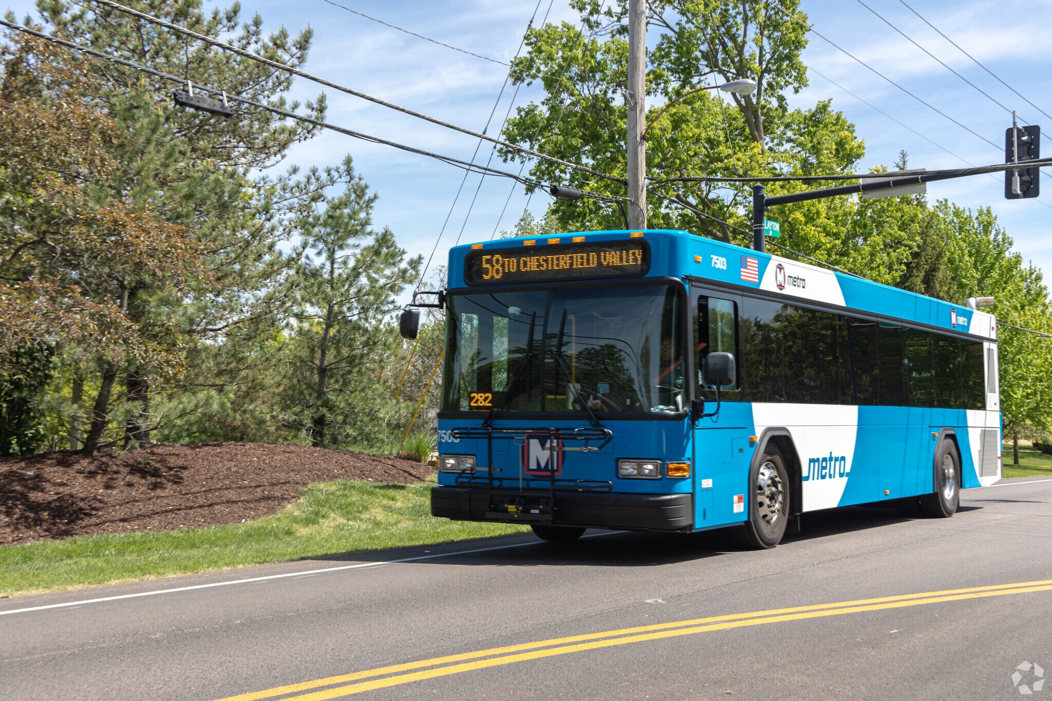 Bus route 58 runs along Clayton Road through Frontenac.