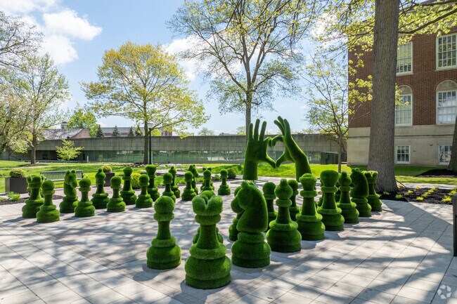 Dearborn Peace Park East has meticulous landscape across Michigan Avenue from Colson Ruby.