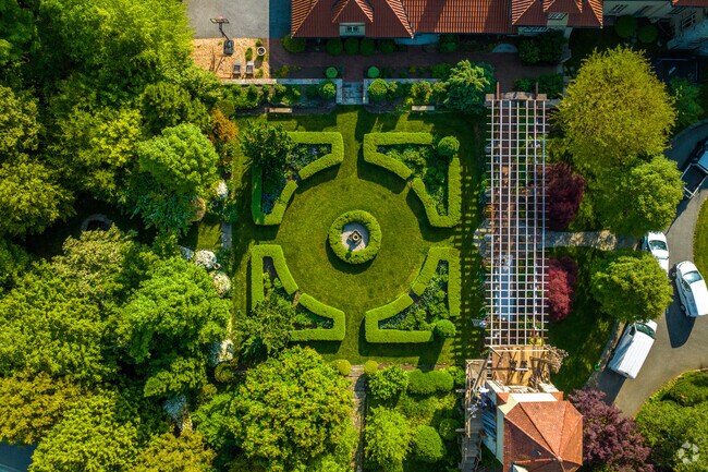 A birds-eye look over pristine gardens in Rose Valley.