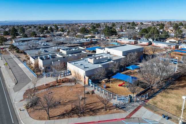 A wide, aerial view of Mitchell Elementary School in NE Albuquerque.