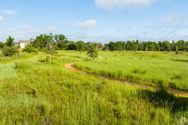 Larkspur Park has a small creek running through it in Saddle Rock, CO.