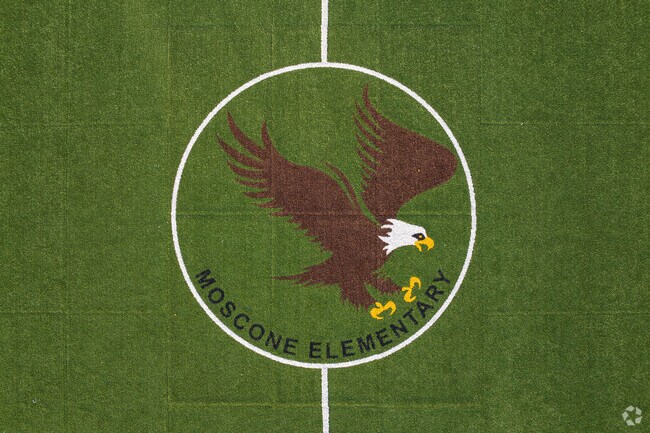 The school mascot is attached to the turf at George Moscone Elementary.