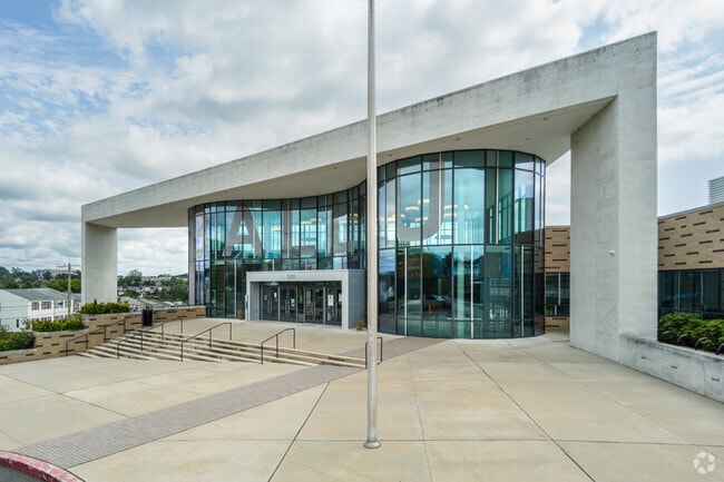 Ballou High School in Congress Heights has a grand entrance with walls made of glass.