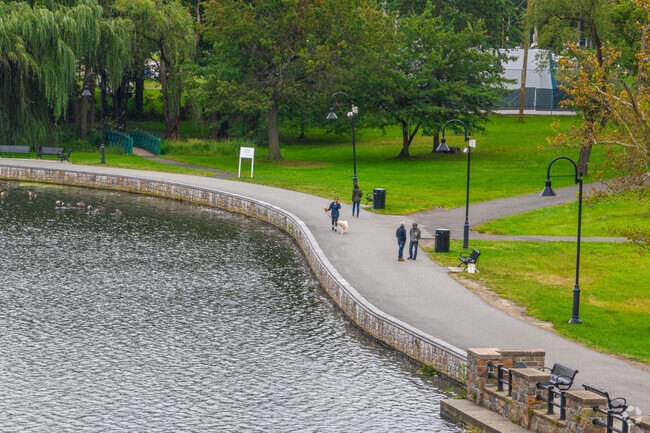 James J Braddock Park has many walking trails around the lake and green areas near Cliffside Park.