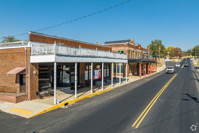 Main street in Porterdale has lots of old buildings that house shops and restaurants.