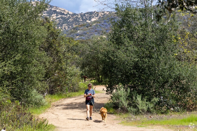 A woman and her dog walk through Crestridge Ecological Reserve near Crest.