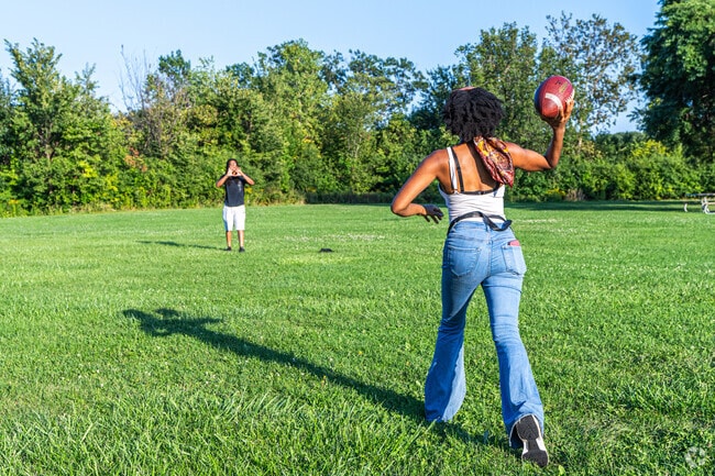 Visitors to Dan Ryan Woods use the green space for playing catch in Wrightwood.