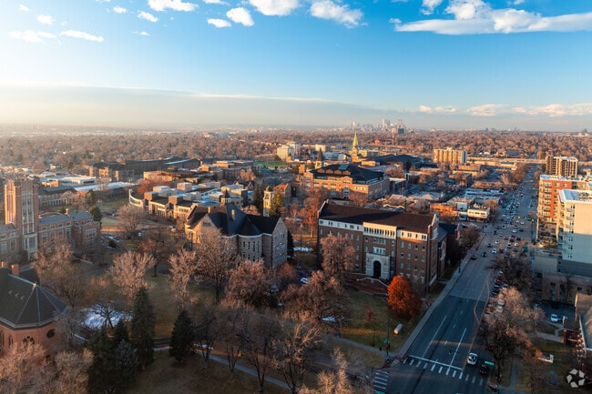 The Denver University campus is beautiful at sunset.