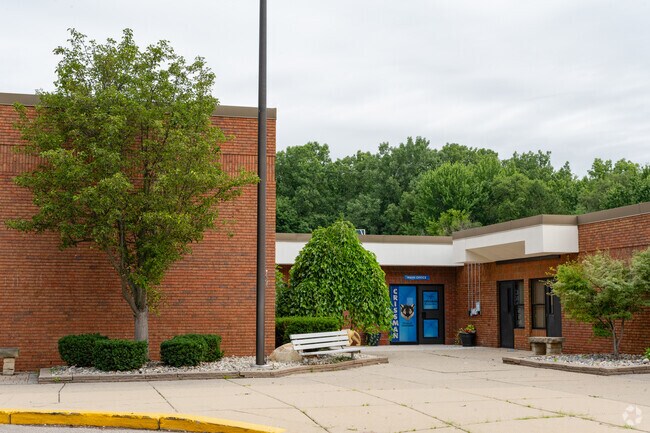Front entrance to Crissman Elementary School in Shelby Township, MI.