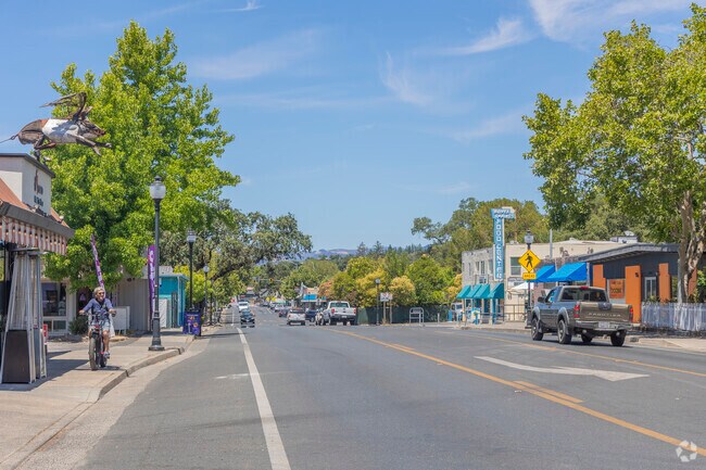 California Highway 12 is the main thoroughfare through Boyes Hot Springs, and all of the downtown shops and restaurants line the highway.