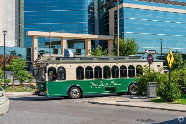 The trolley bus in South Roanoke is transporting locals to downtown near the Carilion Hospital.