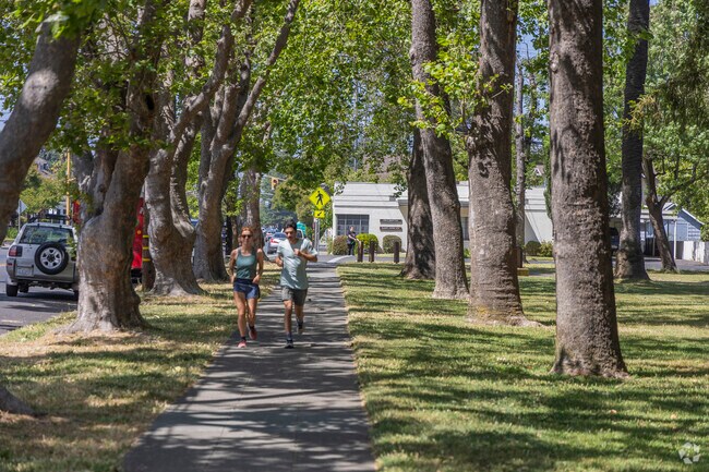 A tree-lined paved sidewalk encircles Fuller Park, which is perfect for jogging.