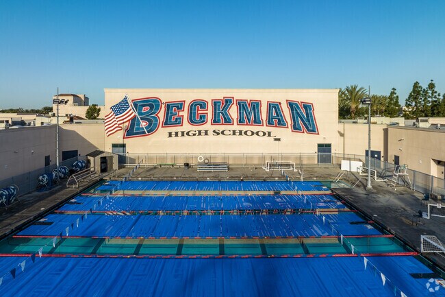 The Beckman High School logo soars over the Swimming Pool.
