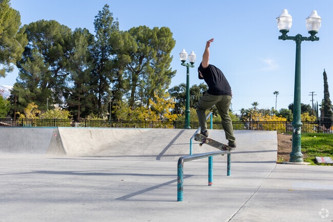 Skateboarders often gather at the lively Downtown Redlands skate park.