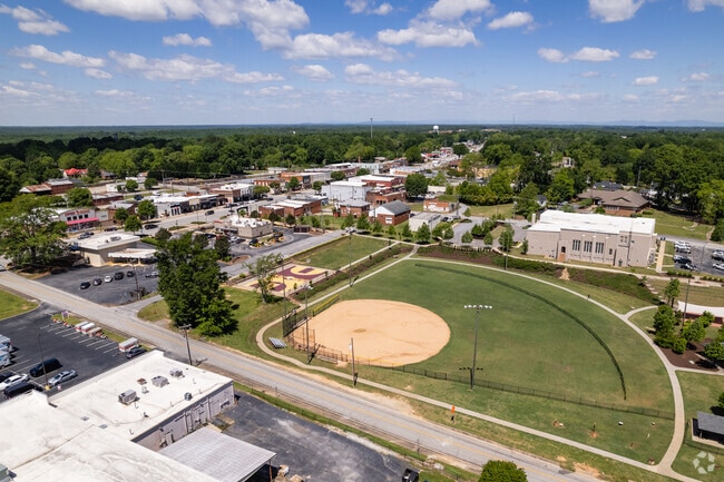 An aerial view of the McKinney Park baseball field and downtown Woodruff.