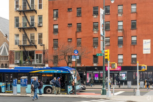 Buses run along 14th Street near Stuyvesant for easy Manhattan access.