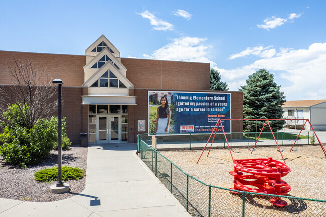A side entrance and the playground at Thimmig Elementary school in Henderson, Colorado.
